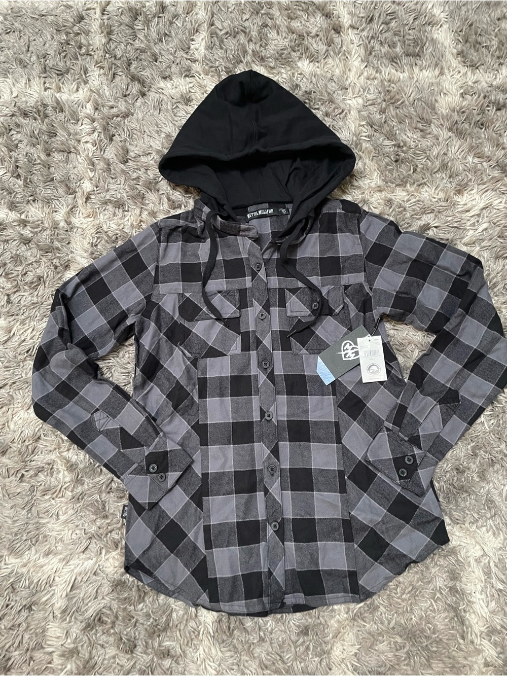 Metal Mulisha Kiss Woven Buffalo Plaid Hooded Flannel Shirt Size S NWT